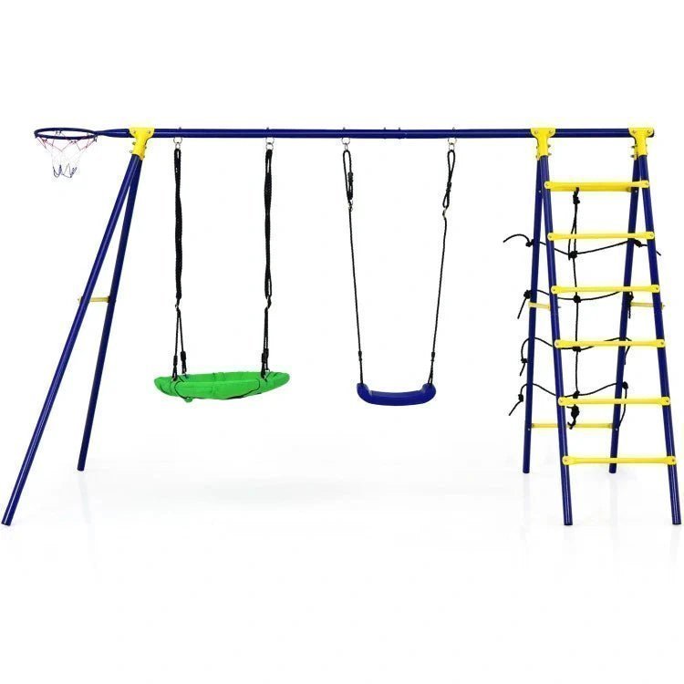 5-in-1-outdoor-kids-swing-set-with-a-shaped-metal-frame-and-ground-stake.jpg Ultimate 5-In-1 Outdoor Kids Swing Set with Sturdy A-Frame Metal Construction and Secure Ground Stakes - Image 1