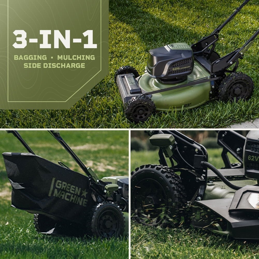 50bd9d3c-648e-469d-bbe9-7858b2a33401.66db36b58f4743ededc2ed25f4f353bb.jpg Green Machine 62V 23-Inch Self-Propelled Brushless Cordless Electric Lawn Mower, Includes Two 4.0Ah Batteries and Rapid Charger - Image 1